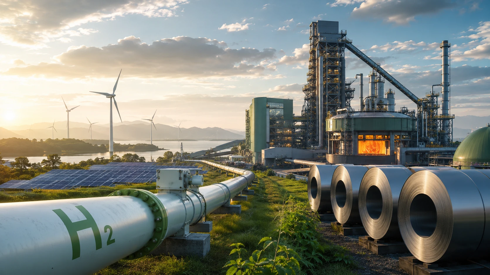 Green steel image: Hydrogen, renewable energy and steel production infrastructure.