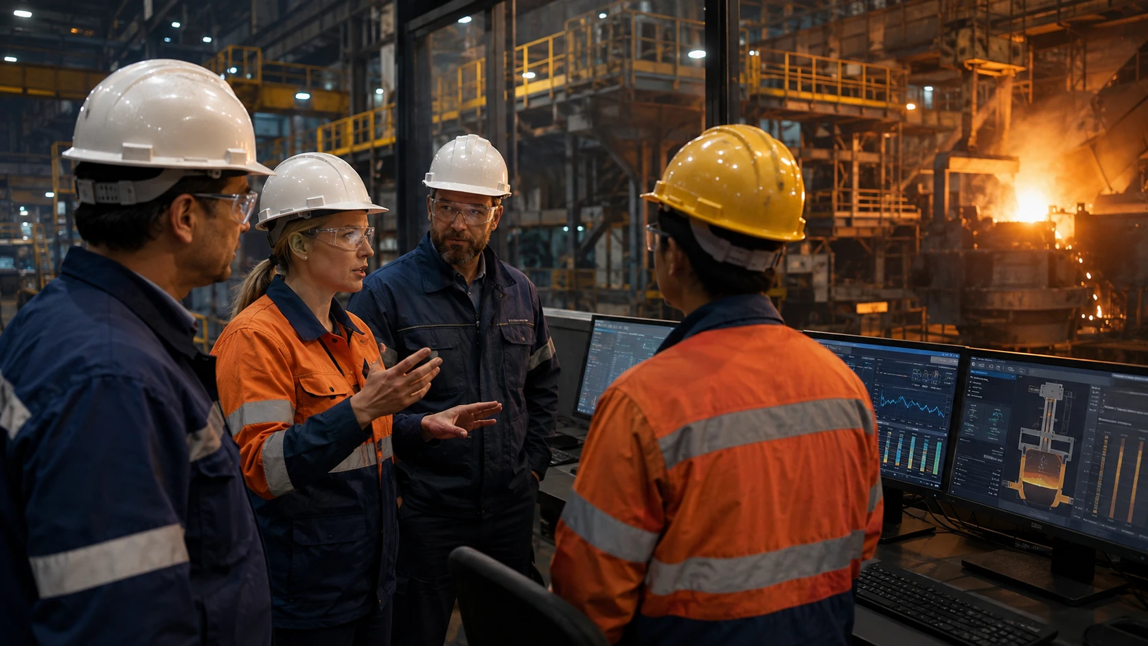 Plant team image: Engineers and operators discussing process dashboards beside an active steelmaking operation.