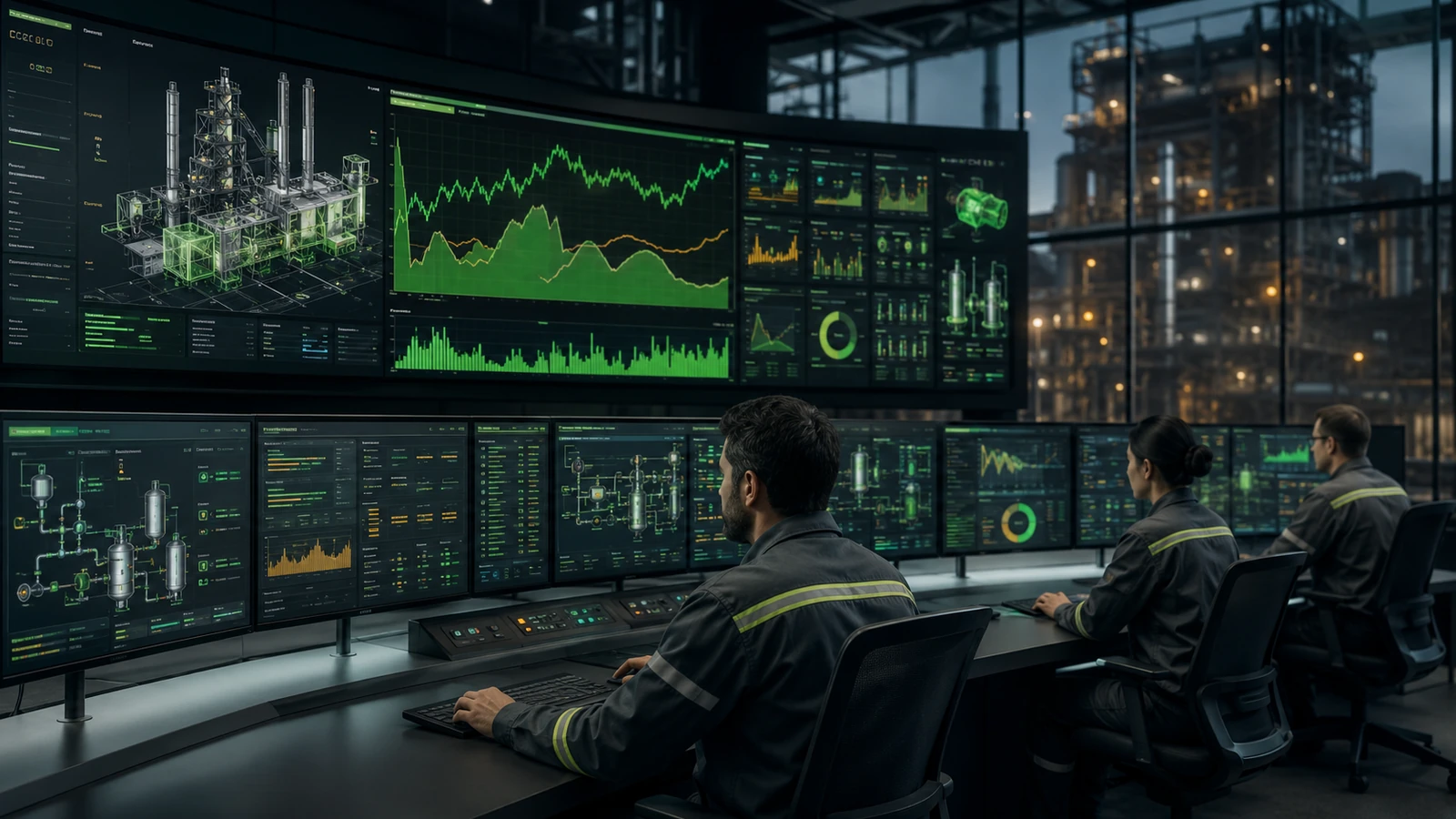 Steel plant operators using a digital twin control room with process dashboards and predictive models
